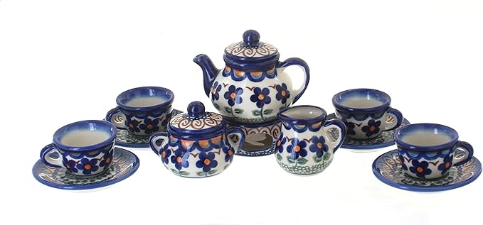 Blue Rose Polish Pottery - Brown Aztec Flower Miniature Tea Set - 1 Set - Polish Pottery Collectible Tea Set with Teapot & Cups, Decorative Gift