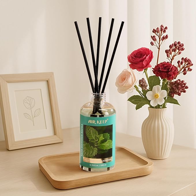 Airkeep Reed Diffuser Oil Refill with Diffuser Sticks, 6.76 Fl Oz(200ml) Wild Mint&Eucalyptus Scented Oils, Aroma Therapy, Home Fragrance & Air Freshener, Office Décor, Decoration - Bloomnest