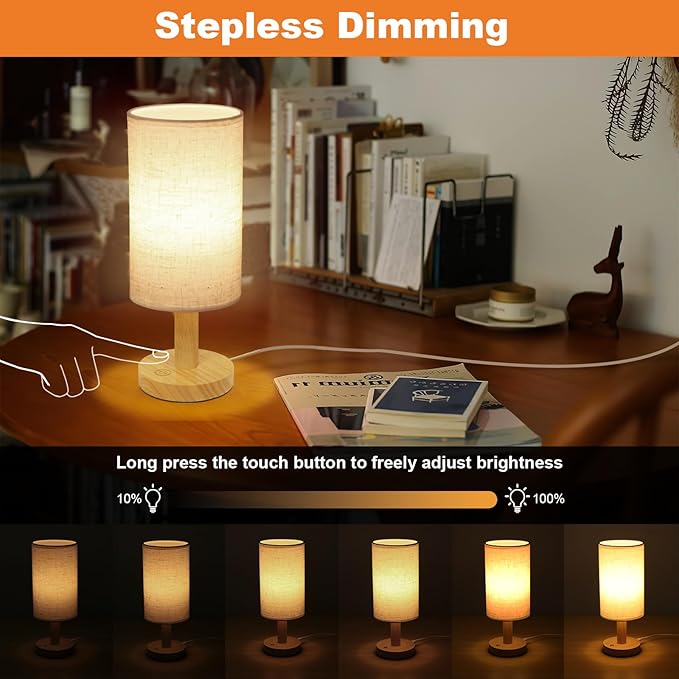 Small Touch Table Lamp with Stepless Dimming&USB Plug,Natural Round Wood Base&Linen Fabric Shade |Soft Ambient Warm Night Light|Minimalist Boho Bedside Lamp for Bedroom,Nightstand,Nursery,Kitchen,Dorm - Bloomnest