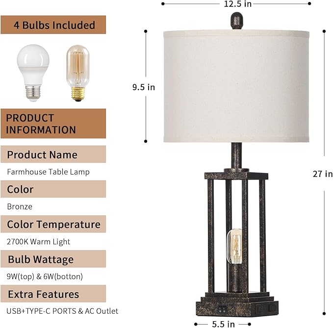 27" Tall Farmhouse Table Lamps with Night Light, Bronze Industrial End Table Lamp for Living Room, Rustic Bedside Lamps Set of 2 with USB C+A Ports & AC Outlet, Vintage Bedroom Lamp for Nightstand - Bloomnest