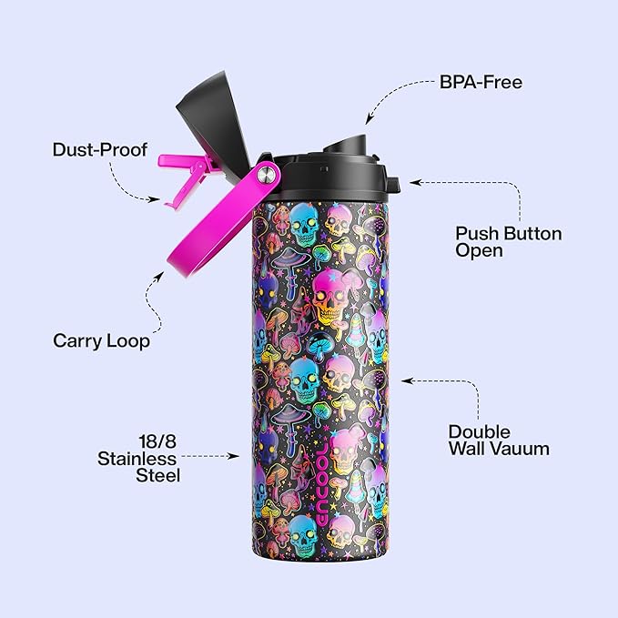Insulated Water Bottle with Straw - Encool Stainless Steel Water Bottle with Push Button Lid, Leak-Proof & BPA-Free, Keeps Cold for 24 Hours for Sports, Travel, Gym (24 oz, Trippy Skulls) ENCOOL