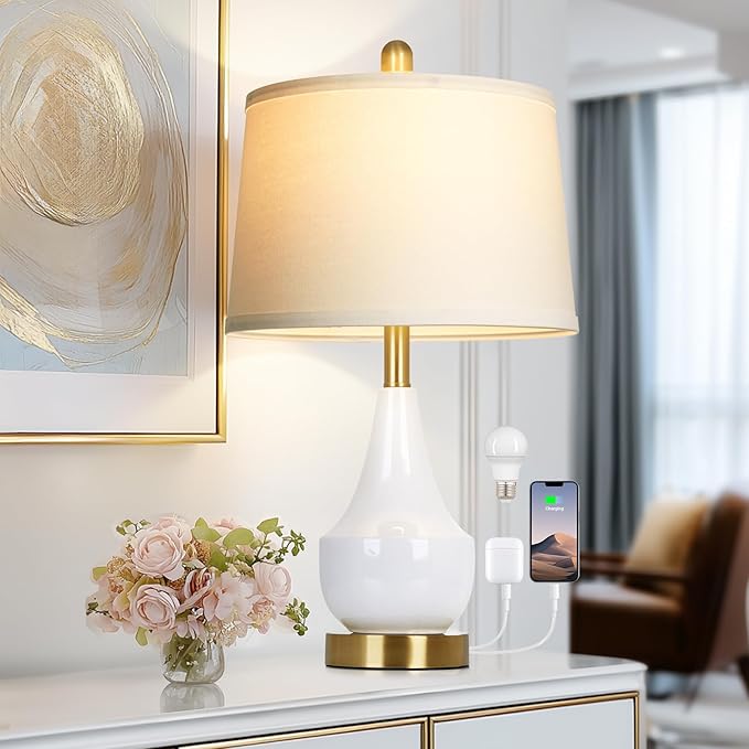 Modern White Table Lamp, 24" Ceramic Table Lamp with USB A+C Ports,Classic Beside Lamps Nightstand Lamp Modern Lamp for Living Room, Bedroom & Office -LED Bulbs Included - Bloomnest