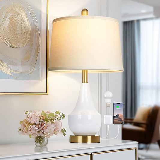 Modern White Table Lamp, 24" Ceramic Table Lamp with USB A+C Ports,Classic Beside Lamps Nightstand Lamp Modern Lamp for Living Room, Bedroom & Office -LED Bulbs Included - Bloomnest