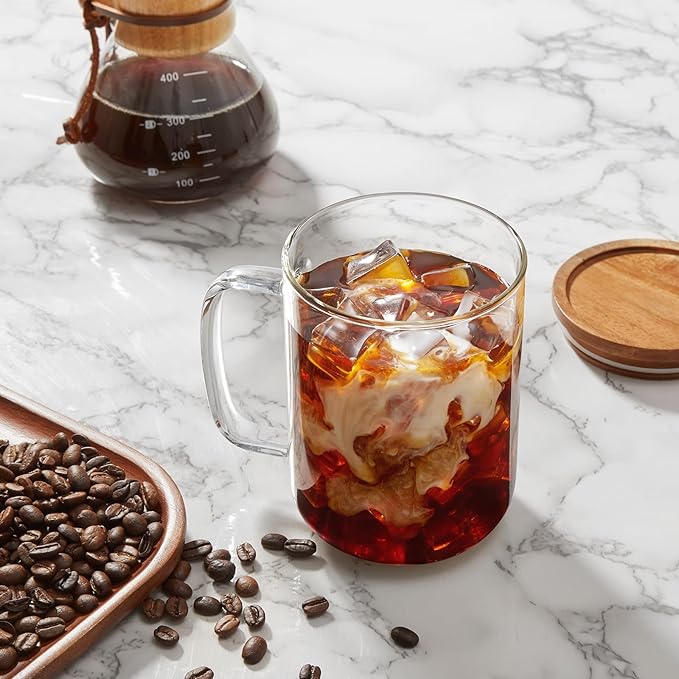 DRASTAR Glass Coffee Mugs, 20 oz Large Iced Coffee Cups, Flat Bottomed Cups with Acacia Wood Lid, Glass Tea Cup with Handle, Clear Tea Cup Set of 1 - Bloomnest
