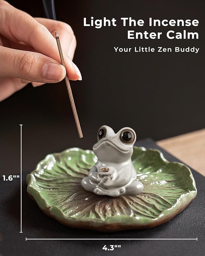 Ceramic Incense Stick Holder - Cute Frog Incense Burner with Lotus Leaf Tray Ash Catcher, Handcrafted Zen Decor for Home, Meditation, Yoga, Gift - Bloomnest