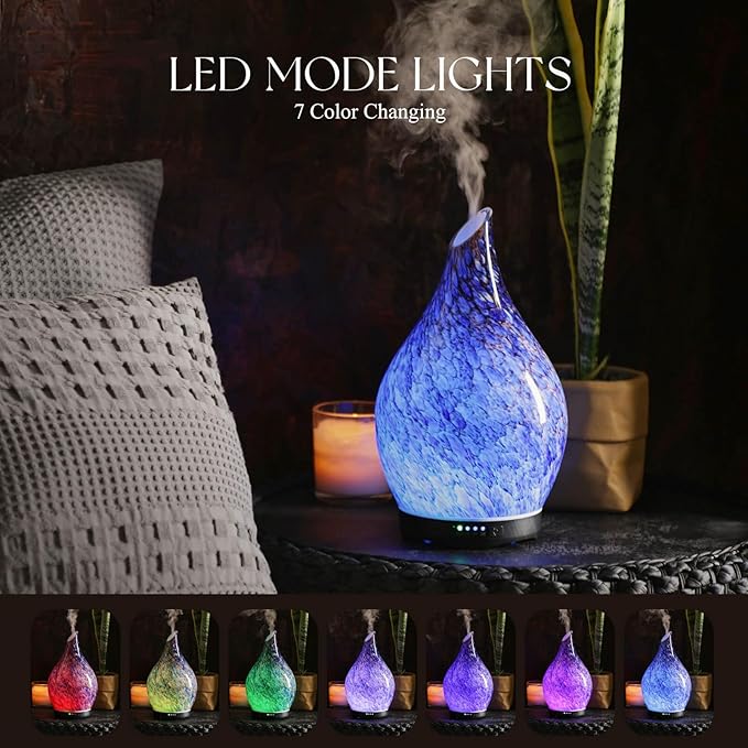 Porseme 280ml Essential Oil Diffuser Glass Color Changing Aroma Air Diffusers Aromatherapy Ultrasonic Cool Mist Humidifier 7 Running Hours Waterless Auto-Off for Sleeping, Yoga, Office (Deep Blue) - Bloomnest