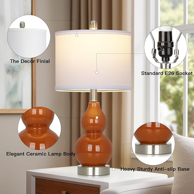 Double Gourd Ceramic Table Lamps Set of 2, Modern Red Bedside Lamps for Night Stand, Contemporary Nightstand Lamps for Bedroom Living Room (Bulb Included) - Bloomnest