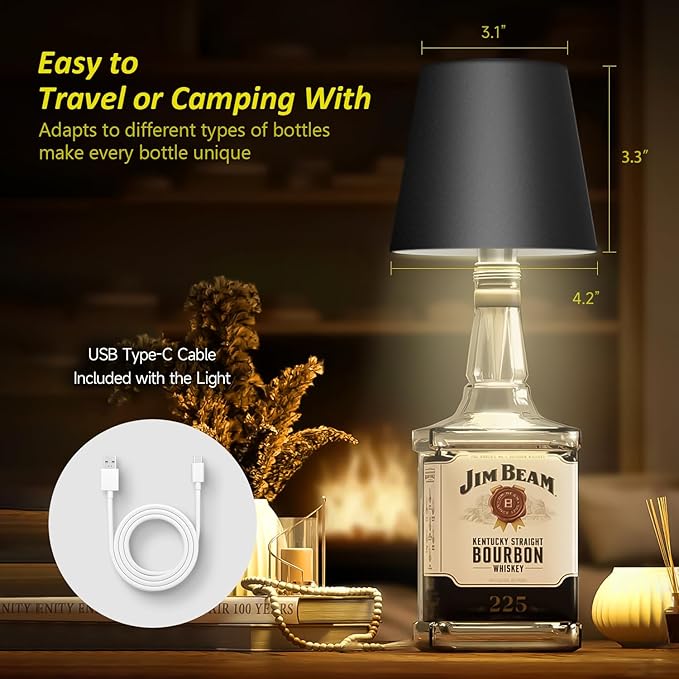 2025 New Wireless Bottle Lamp - LED Bottle Lights for Liquor & Wine Bottles, Cordless Lampshade, Whiskey Bottle Top Light, Bottle Stopper Night Light Kit, Rechargeable 3-Tone Touch-Dimmable - Bloomnest