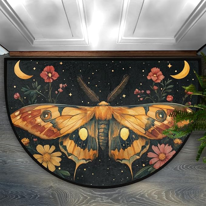 Half Round Door Mat, Moth Moon Flower Half Circle Rug for Home Decor Floor Indoor Outdoor Non-Slip Washable Half Moon Rug Doormat 36X24 Inch - Bloomnest