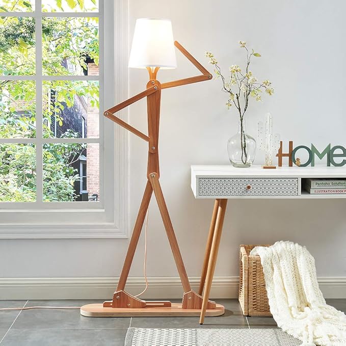 Cool Tall Floor Lamp for Living Room Bedroom Farmhouse - Corner Decorative Reading Standing Light Wood Creative Swing Arm Arc Design Gift for Kids/Boys/Girls Bedside - with LED Bulb (Ash) - Bloomnest