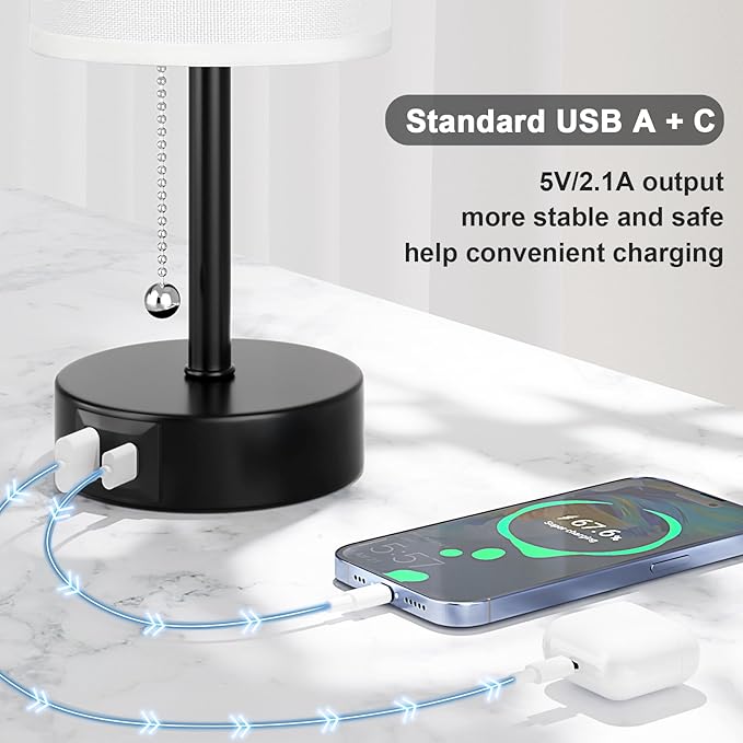 White Bedside Lamps for Bedroom Set of 2 - Nightstand Table Lamp with USB A + C Charging Port, 3 Color Temperatures Pull Chain Night Stand Light, Side Table Desk Reading Lamp for Living Room/Dorm - Bloomnest