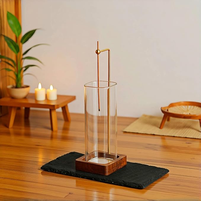 Incense Holder for Sticks with Ash Catcher - Wind Proof Hanging Design, 6x20cm Glass Tube & Spill-Proof Wood Base for 0-2.5mm Sticks, Meditation Yoga Decor (8.5x8.5cm Base) - Bloomnest