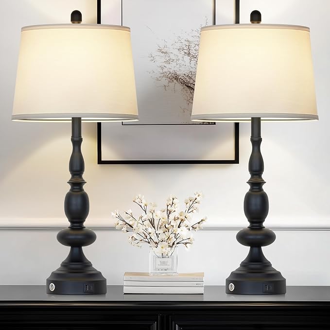 29" Black Modern Table Lamps Set of 2, Industrial Touch Control 3-Way Dimmable Bedside Lamp with USB C+A Ports, Metal Nightstand Lamps for Living Room Bedroom Office Home(2 LED Bulbs Included) - Bloomnest