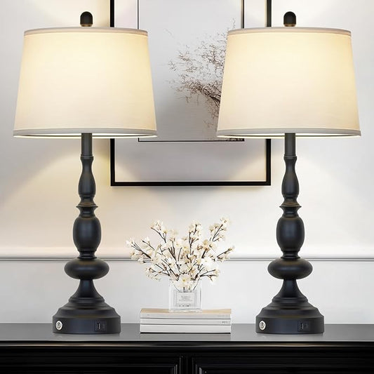 29" Black Modern Table Lamps Set of 2, Industrial Touch Control 3-Way Dimmable Bedside Lamp with USB C+A Ports, Metal Nightstand Lamps for Living Room Bedroom Office Home(2 LED Bulbs Included) - Bloomnest