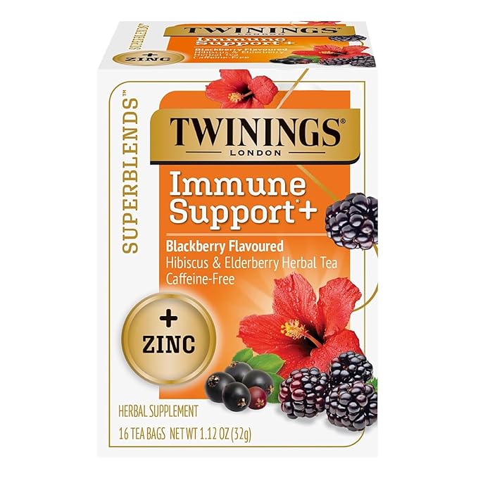 Twinings Superblends Immune Support+ Zinc Blackberry Flavoured Hibiscus & Elderberry Herbal, Naturally Caffeine-Free, 16 Count (Pack of 1), Enjoy Hot or Iced, 16 Teabags - Bloomnest