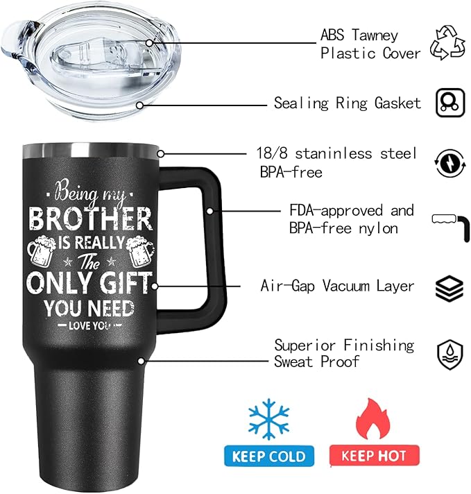 Ceovfoi 40 oz Black Brother Stainless Steel Cups Mug Water Bottle Tumbler with Handle,Brother Gifts from Sister - Bloomnest