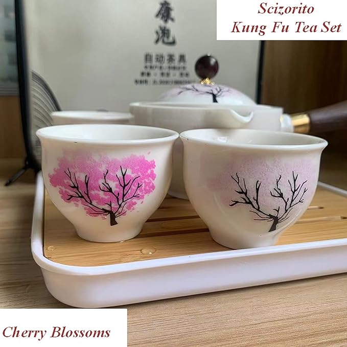 Ceramic Portable Travel Tea Set, Chinese Kungfu Tea Set with 360 Rotation Teapot and Infuser, 4 Tea Cups, Tea Tray And Travel Bag (Cherry Blossoms)