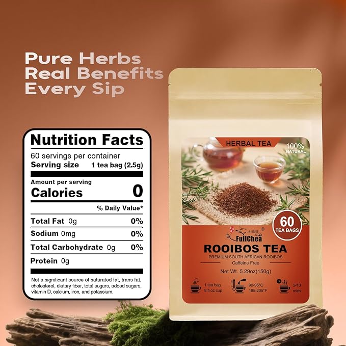 FullChea - Rooibos Tea Bags, 60 Counts - Premium South African Natural Rooibos - Non-GMO - Caffeine-Free - Antioxidant-Rich & Supports Digestion - Bloomnest