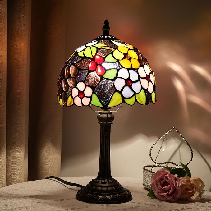 Tiffany Lamp Bedside Table Lamp-Nightstand,Stained Glass Lamp for Bedroom Dorm Living Kitchen, Aesthetic Cute Home Decor Gift (8-inch Grape Flower) - Bloomnest