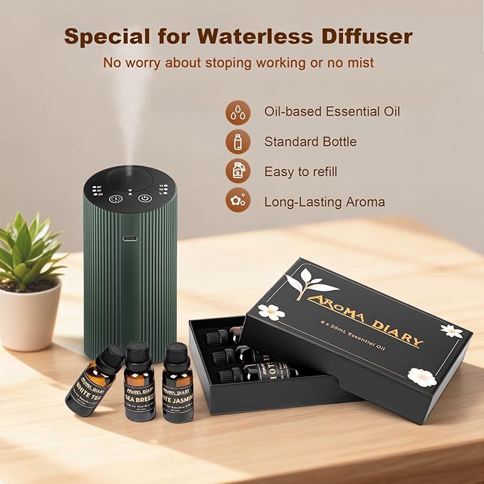 Essential Oil Set for Diffuser, 6x20ml Fragrance Oil Refill for Waterless Diffuser Candle Making for Home Car Office, Hotel Scents, White Tea, White Jasmine, Sea Breeze, Aromatherapy Gift - Bloomnest