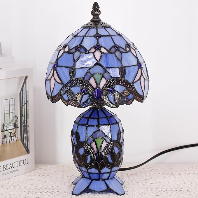 Small Tiffany Lamp Stained Glass Table Lamp Mini Mother Daughter Vase Desk Accent Light for Bedroom Bedside Reading Home Antique Style Decor 8X14 Inches (Blue Baroque) - Bloomnest