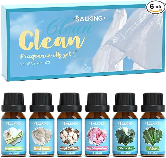 SALKING Clean Fragrance Oils Set, Premium Essential Oil for Diffuser, Scented Oil Gift Set for Soap Candle Making - Lemongrass, Fresh Cotton, Fresh Linen, Cherry Blossom Soap, Clean Air, Aloe - Bloomnest