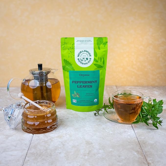 Worldwide Botanicals Organic Peppermint Loose Leaf Tea, 4 oz - Pacific Northwest Organic Cultivation, Highly Aromatic Digestive Tea, Antioxidant, Caffeine Free - Bloomnest
