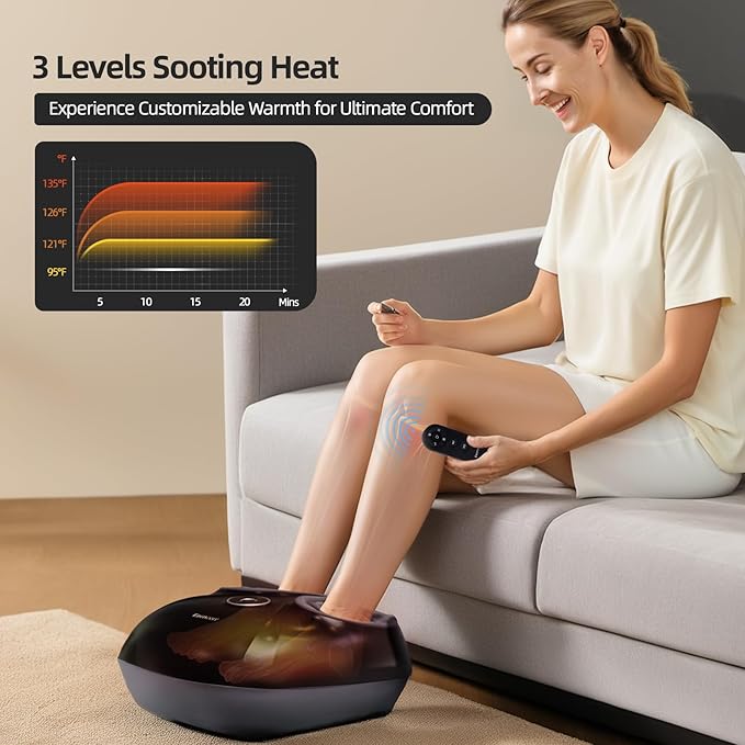 Heated Foot Massager with Shiatsu Kneading, Scraping & Vibration – Ideal for Deep Massage at Home or Work – Includes Remote & 2 Memory Modes