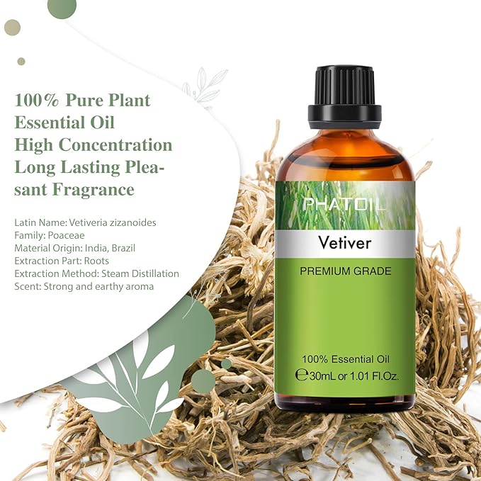 Vetiver Essential Oil, 1.01Fl.Oz (30ML) PHATOIL Pure Essential Oil Singles for Aromatherapy Diffusers, Humidifiers, Great for DIY Candle and Soap Making, Gift for Friend - Bloomnest
