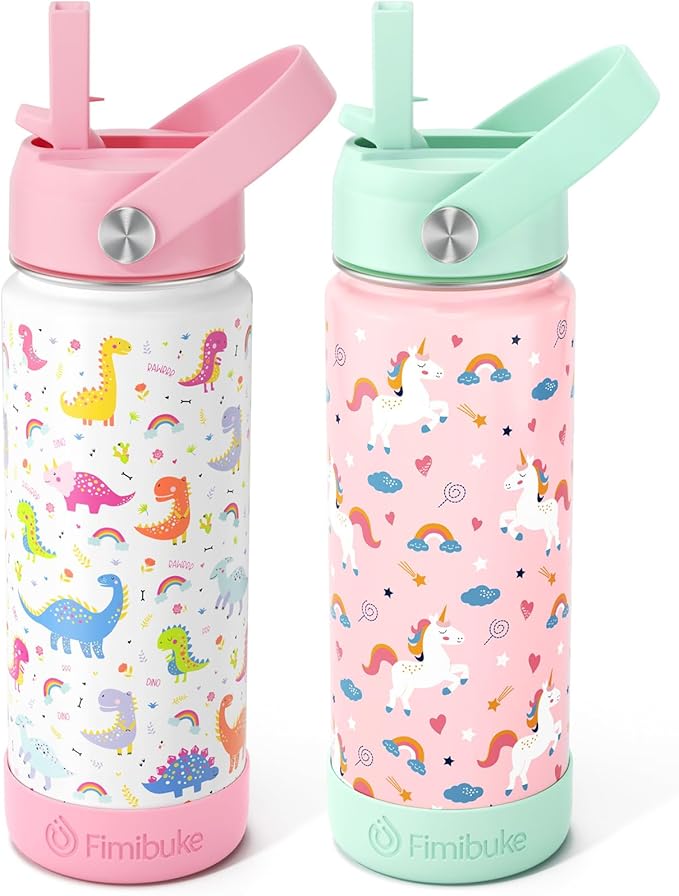 Fimibuke Kids Insulated Water Bottle, 18oz BPA FREE Kid Cup with Straw Double Wall Vacuum Tumbler 18/8 Stainless Steel Leak Proof Toddler Water Bottle for School Boys Girls (2 Pack, Unicorn/Dinosaur) - Bloomnest