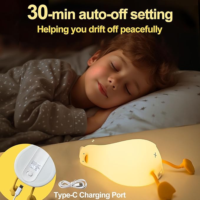 Kibbidea Cute Duck Night Light, Lazy Duck Squishy Lamp Touch Control, Non-Toxic Silicone, Funny Bedside Animal Nightlight with Timer & Rechargeable for Kids Room Desk Decor, Gifts for Girl,Boy,Women - Bloomnest