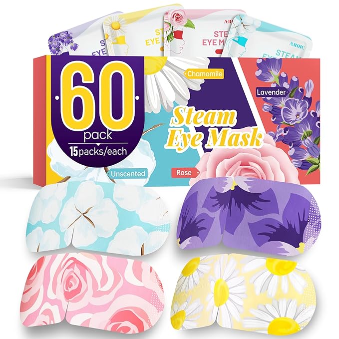 AROIC 60 Pack Steam Eye Masks Disposable for Dry Eyes, Heated Eye Mask Warm Compress for Eyes, Relaxation Gifts, Travel Essentials - Lavender, Unscented, Chamomile, Rose - Bloomnest
