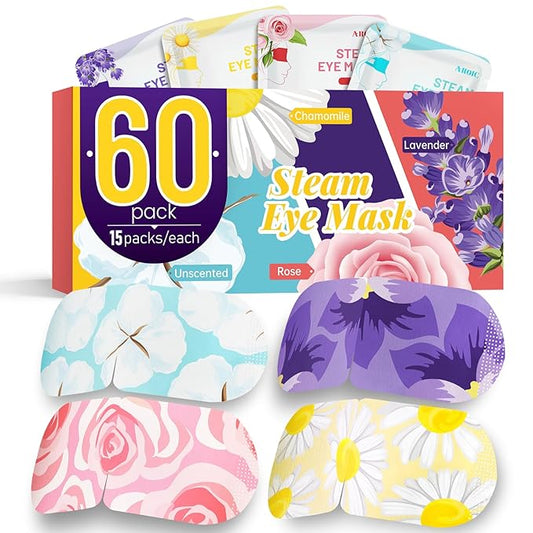 AROIC 60 Pack Steam Eye Masks Disposable for Dry Eyes, Heated Eye Mask Warm Compress for Eyes, Relaxation Gifts, Travel Essentials - Lavender, Unscented, Chamomile, Rose - Bloomnest