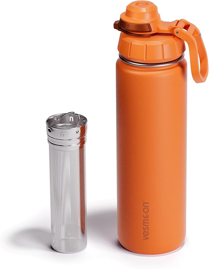 Vesmoon Vessence 24 Oz Stainless Steel Tea Infuser Bottle for Loose Leaf Tea, Water, Herbs, Fruits - Triple Layered Insulated, Leak Proof Bottle with Lid and Clip Handle - 24 Hours Hot/Cold - Bloomnest