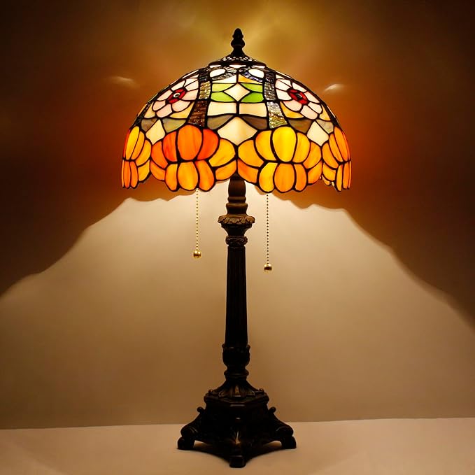 Tiffany Lamp Orange Flower Style Stained Glass Table Lamp Desk Reading Light 12X12X21 Inches with Resin Base Decor Bedroom Living Room - Bloomnest