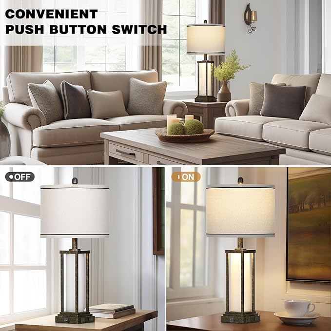 27" Tall Vintage Table Lamp with USB C+A & Outlet,Bronze Industrial End Table Lamp for Living Room,Farmhouse Rustic Bedside Lamp with Frosted Glass Night Light for Bedroom Nightstand,Bronze-1P - Bloomnest