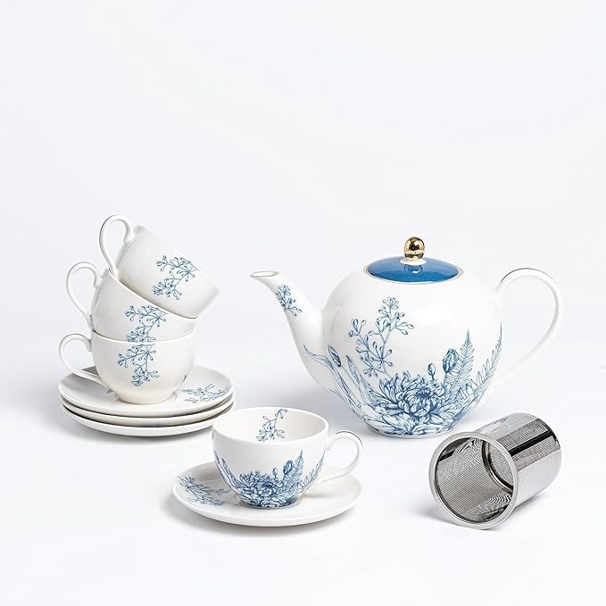 Tea Sets for Women Gift, Blue Porcelain Tea Set, 37 oz Large Teapot Set with Infuser,Tea Cups and Saucers for 4 in European Style, Tea Gift Sets for Holidays - Bloomnest