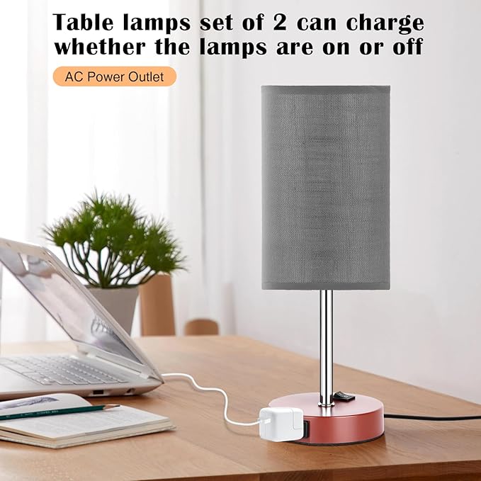 ZJOJO Table Lamp for Bedroom Set of 2, Bedside Small Lamps with 3 Way Dimmable Rocker Switch and AC Outlet, Nightstand Desk Lamp with Gray Fabric Shade Brown Base for Living Room Home Decor Lights - Bloomnest