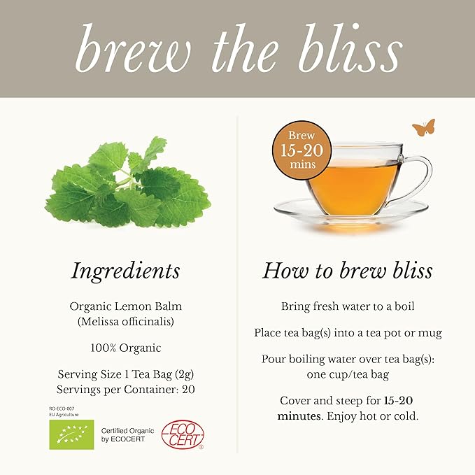 Organic Lemon Balm Tea - Caffeine Free Calming Herbal Tea - Pharmacopoeia Potency - 20 Plant Based Tea Bags - Bloomnest