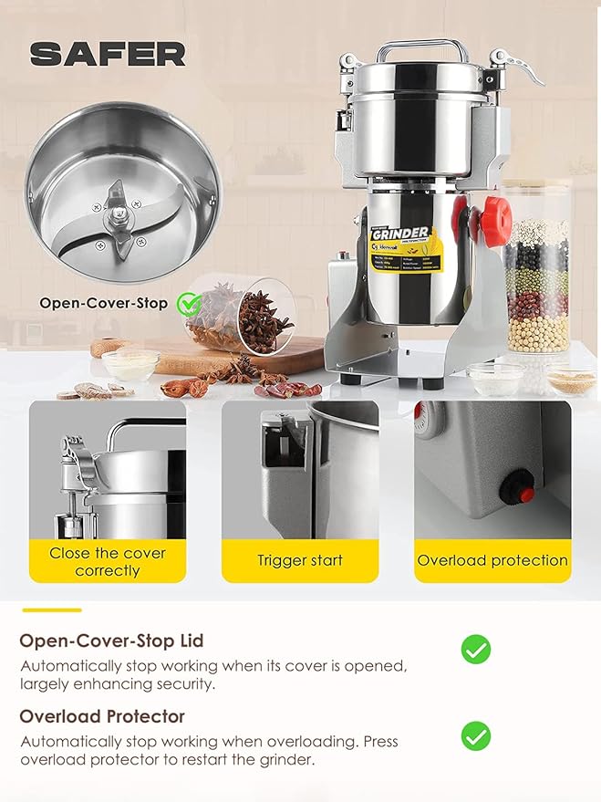 CGOLDENWALL 800g Electric Grain Grinder Mill Safety Upgraded 2400W High-speed Spice Herb Grinder Commercial Superfine Machine Dry Cereals Pulverizer CE 110V (800g Swing Type) - Bloomnest