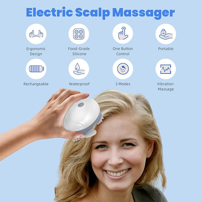 Upgraded Electric Scalp Massager for Men Women, Handheld Cat Dog Pet Head Massager with 4 Massage Heads, 3 Speeds, Waterproof Massager for Soothing Muscles Joints, Hair Growth, Stress Relax Bloomnest