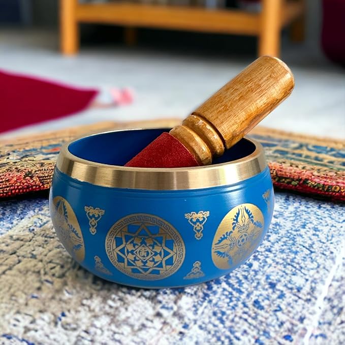 Nature's Own Tibetan Singing Bowl Set- Easy to Play- Meditation Sound Bowl Handcrafted in Nepal for Yoga, Mindfulness, Chakra Healing, Stress Relief- Spiritual Gifts for Women and Men (3.5 Inch, Blue) - Bloomnest