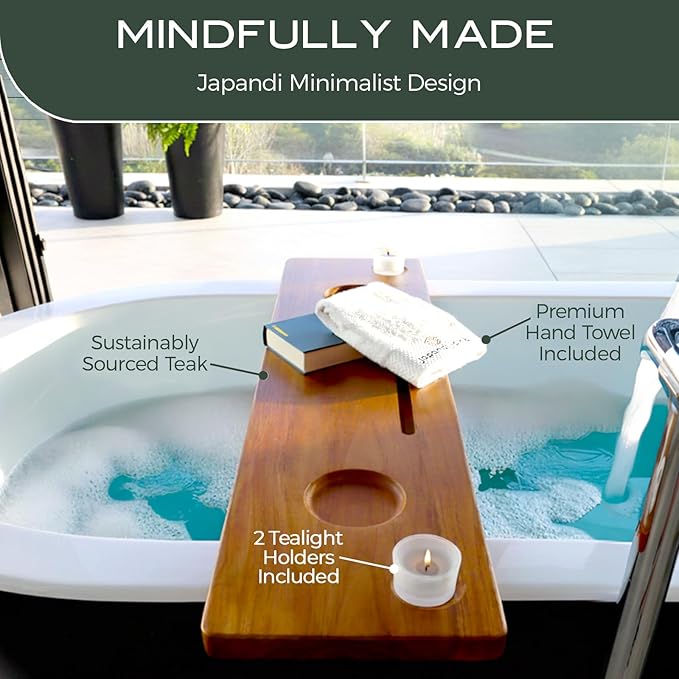 Grand Fjord | Teak Bathtub Tray for Large Soaking Tub | Extra Long 35” Luxury Bath Caddy for Freestanding Tubs | Minimalist Wooden Tub Tray with Candle Holders & Premium Towel by JapandiSpirit - Bloomnest