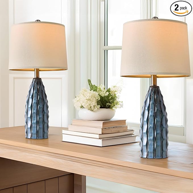 Ceramic Table Lamps Set of 2, 23.75" Modern Farmhouse Bedside Lamp - Blue Nightstand Lamps for Bedroom, Boho Living Room End Tables, Small Office Desk Lamp Decor - Bloomnest
