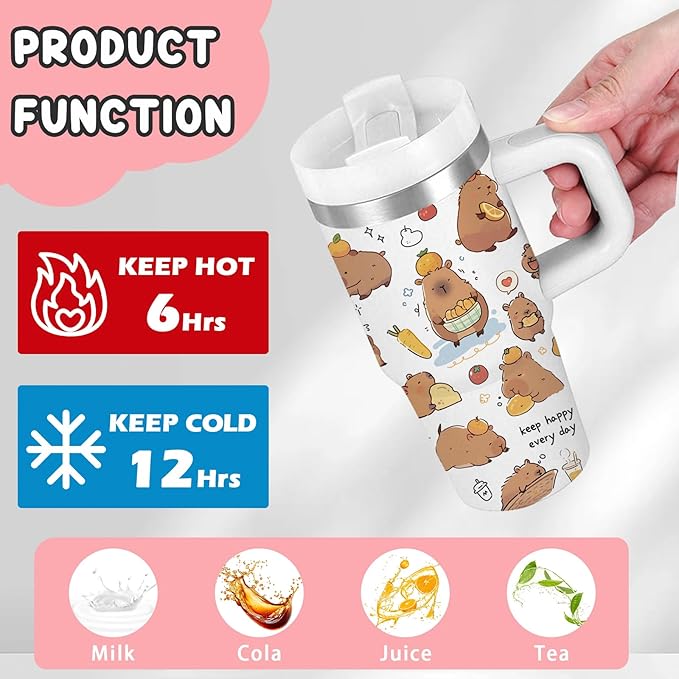 Capybara Gift for Women, 14oz Capybara Tumbler with Handle, Lid & Straw - Vacuum Insulated Stainless Steel Travel Mug - Hot/Cold Car Cup for Commuting, Office - Kawaii Water Bottle Gifts for Adults - Bloomnest