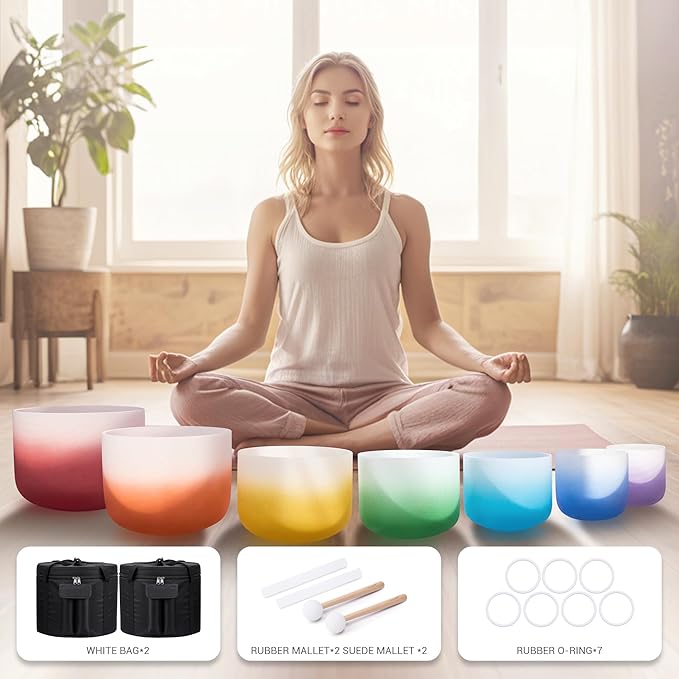 432HZ 7PCS Set Of 6-12 Inch Aria Gradient Design Frosted Quartz Crystal Singing Bowls With 2 PCS Travel Carry Case Bag
