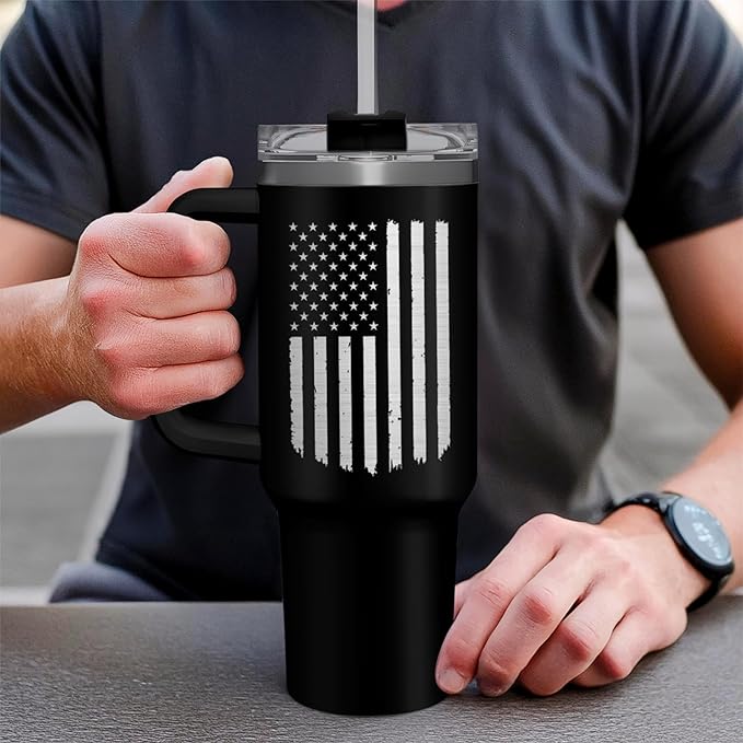 SANDJEST American Flag Tumbler with Handle, America 40oz Stainless Steel Insulated Coffee Mug with Lid & Straw, America Gifts for Men Women, USA Tumblers Cup Gift for Christmas - Bloomnest