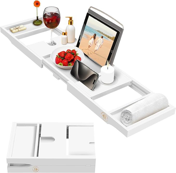 Wooden Bathtub Tray - Foldable & Expandable Bamboo Bath Tray for Tub with Wine Holder, Book & Tablet Stand - Bath Caddy Tray for Bathtub, Spa Bath Accessories, Tub Tray Table, Gifts for Her (White) - Bloomnest
