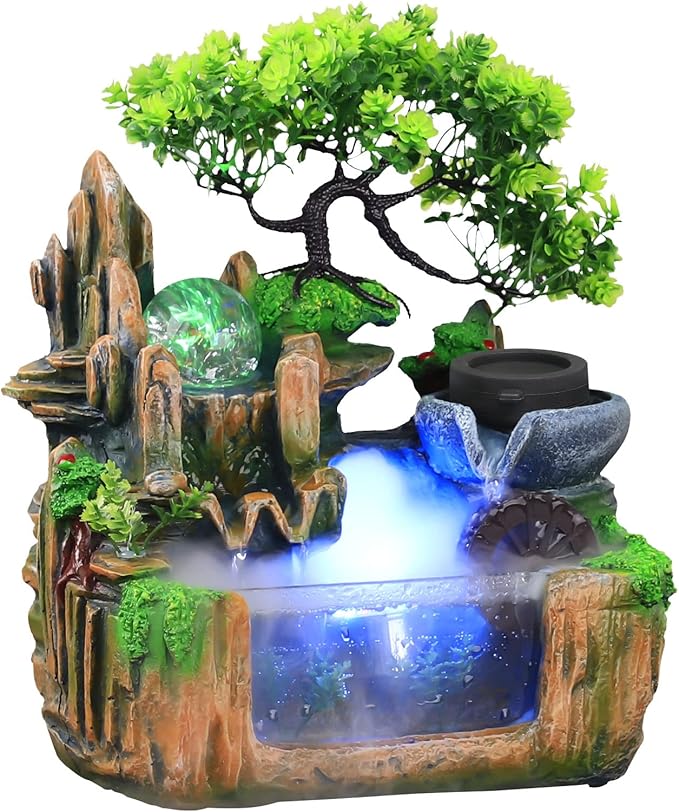Fountains Waterfall Décoration,Indoor Relaxation Desktop Fountain Waterfall,Atomizing Humidifier,Desktop Fountain Waterfall with Rockery,Plant,Tabletop Fountain LED Waterfall for Home Office Desk
