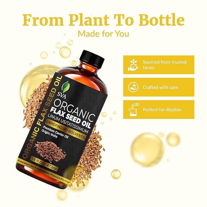 SVA Flax Seed Oil Organic - 16 Fl Oz – 100% Natural Cold Pressed Organic Flax Seed Oil - for Face, Skin Care, Hair Care, Scalp Massage & Body Massage – Carrier Oil - Bloomnest